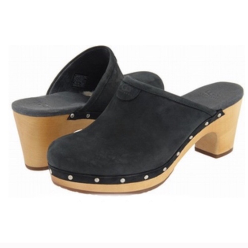 UGG Abbie Suede Wooden Heel Platform Clogs Black 6